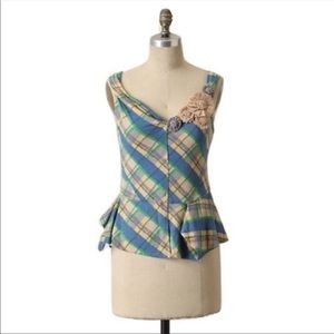 Anthro Little Yellow Button Plaid Peplum Top